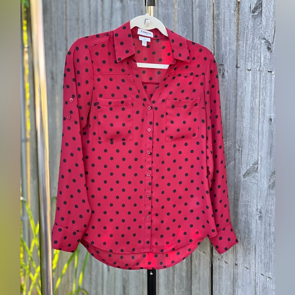 EXPRESS Women’s V Neck Blouse Red with Black Polka Dots
